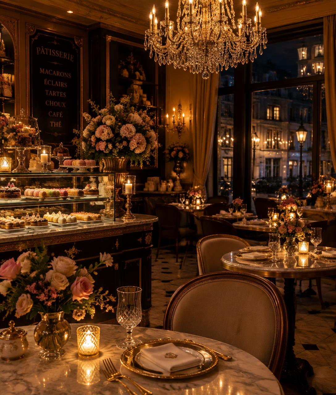 Candlelit patisserie interior with crystal chandelier and golden place settings